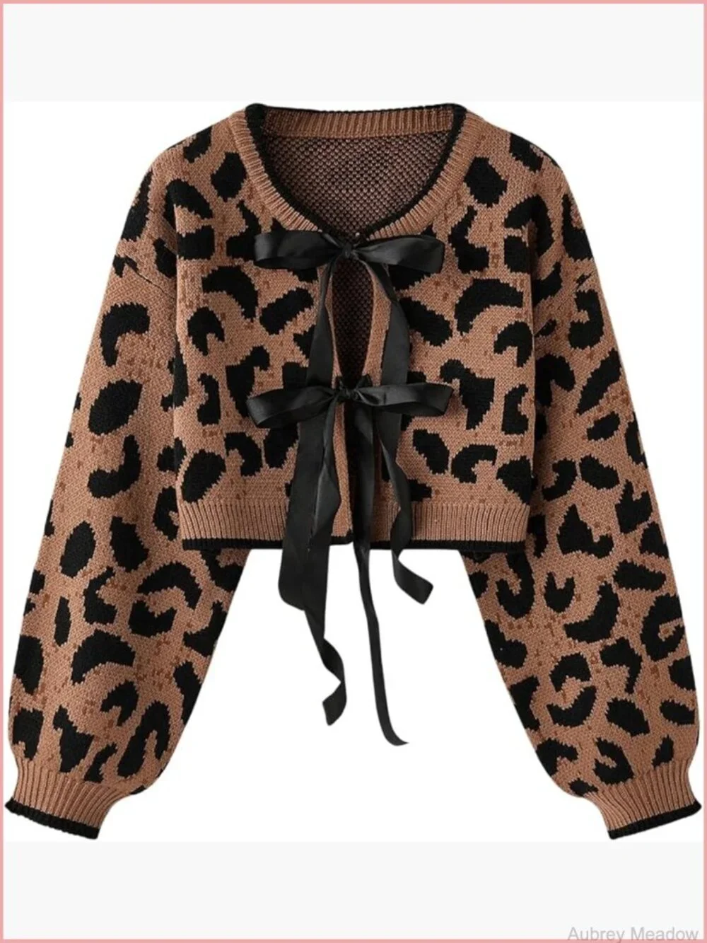 Y2K Cheetah Print Tie Front Crop Cardigan Sweater Long Sleeve Crew Neck